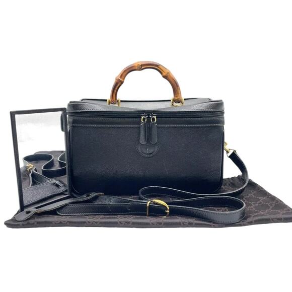 Gucci Black Leather  Bamboo Vanity Cosmetic 2Way Bag W/Mirror/bag - Picture 1 of 16